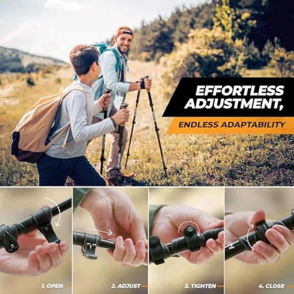 Foxelli Carbon Fiber Walking Poles – Collapsible, Lightweight, Shock-Absorbent Hiking Trekking Poles with Natural Cork Grips, Flip Locks, 4 Season/All Terrain Accessories & Carry Bag