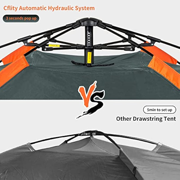Cflity Camping Tent, 3 Man Instant Pop Up Tent Waterproof Three Layer Automatic Dome Tent, Large Lightweight 4 Seasons Tent, Backpacking Tent with Removable Rain-Fly 2 Extensible Porch for Camping