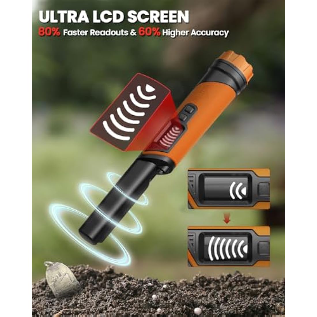 DR.ÖTEK Metal Detector Pinpointer, IP68 Fully Waterproof Handheld Pin Pointer with LCD Screen, Innovative Interference Cancellation Function, Higher Sensitivity, 3 Modes, Great for Gold, Coins, Orange