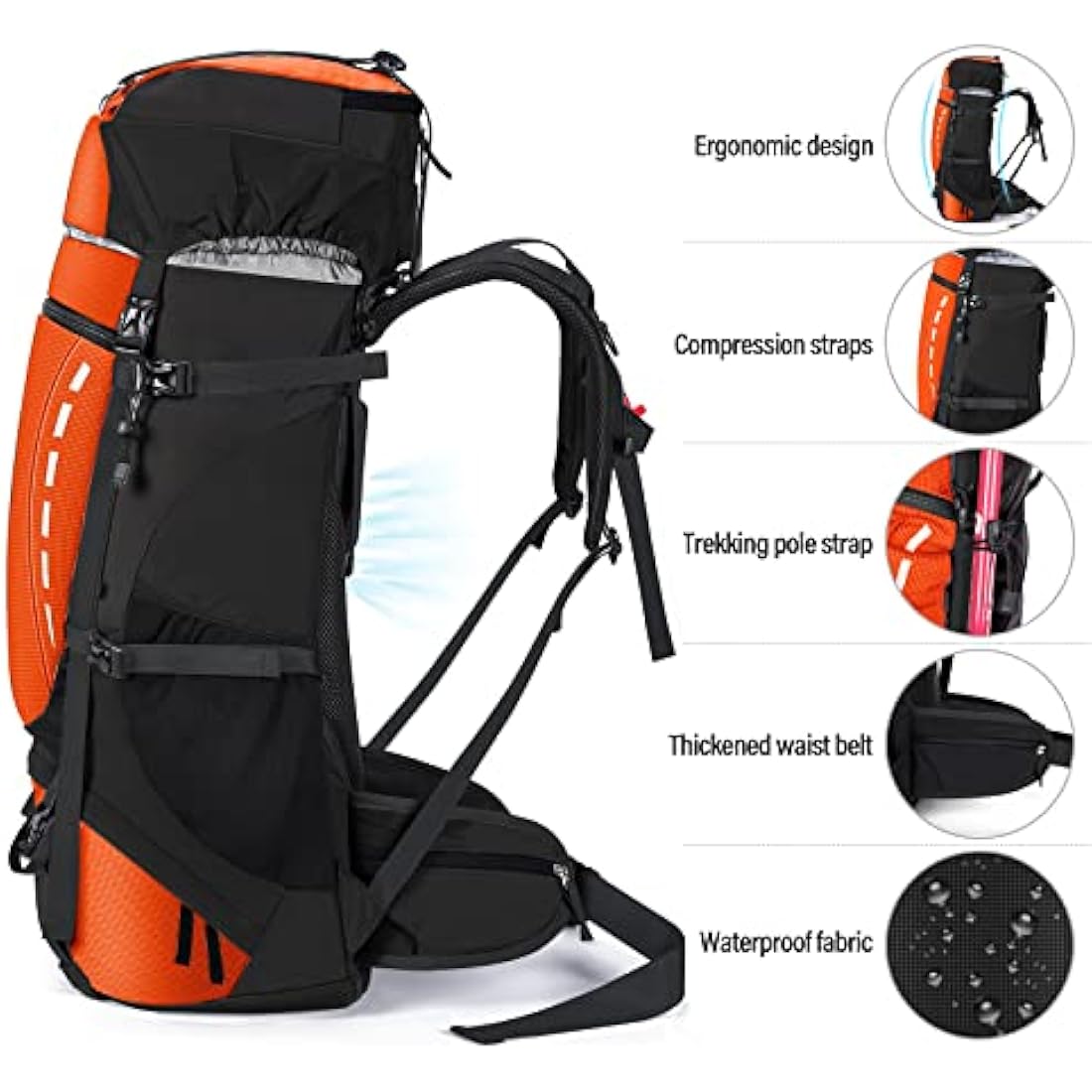 HOMIEE Hiking Backpack for Men Women, 60L Waterproof Rucksack with Rain Cover, Large Travel Backpack for Outdoor Sports Trekking Skiing Camping, Orange (LB6001)