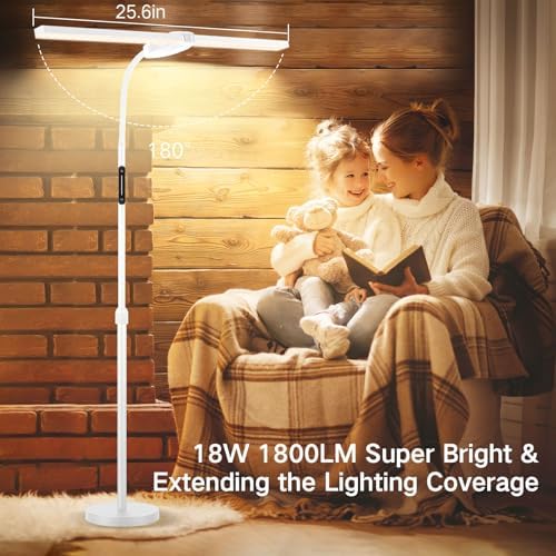 OUTON LED Floor Lamp with Double Head, 18W 1800LM, Super Wide & Bright, Height Adjustable, Remote & Touch Control, Memory Function, Dimmable Standing Lamp for Reading, Working, Sewing, Drawing, White