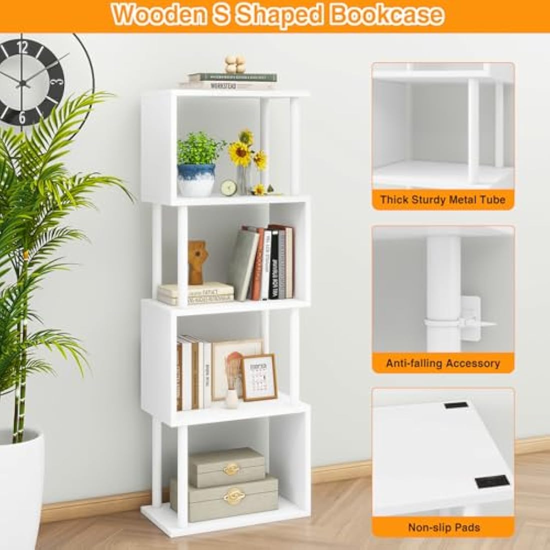 IBUYKE 5/6-Tier Tall Bookshelf,S-Shaped Geometric Bookcase, Wood Display Shelves With Storage,Modern Bookshelf for Living Room Bedroom, Home Office, White WBC015W