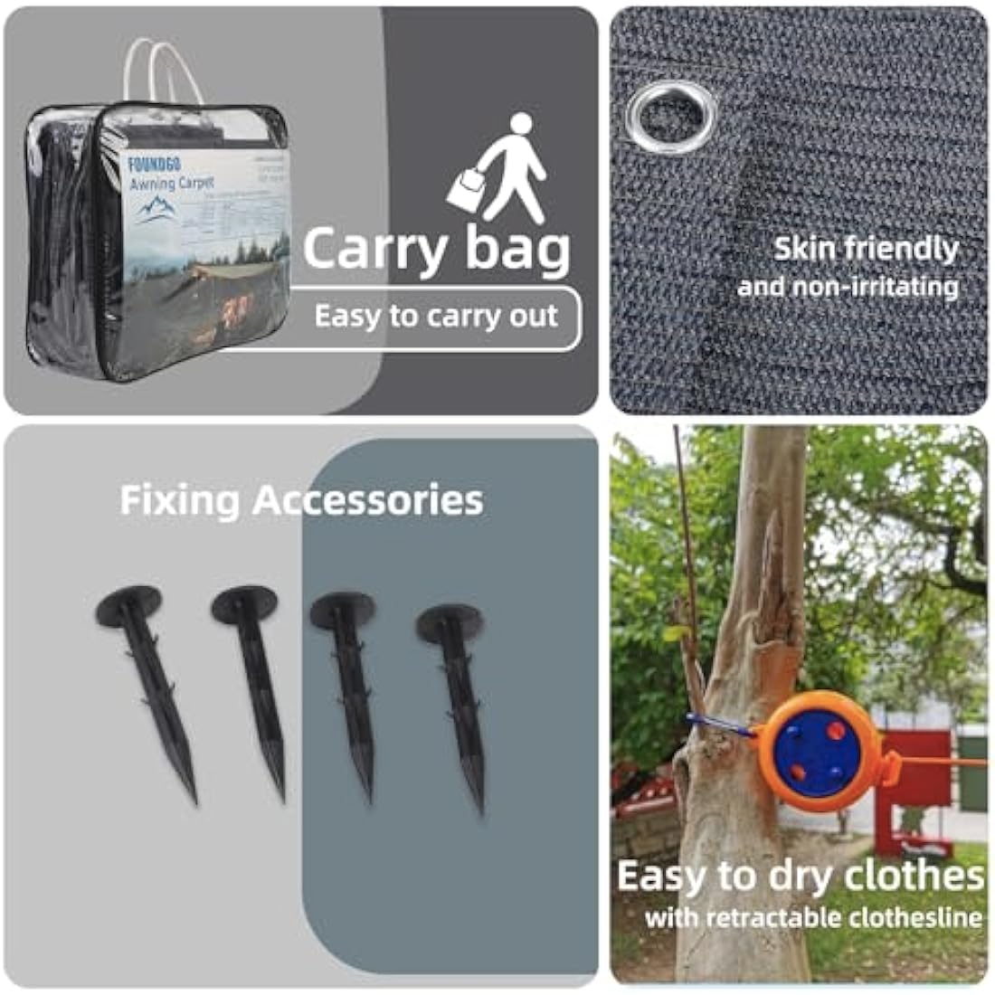FoundGo Awning Carpet with Eyelets [280g/m² HDPE] Outdoor Camping Carpet Breathable Awning Flooring including Carrying Bag 8x pegs & Clothesline