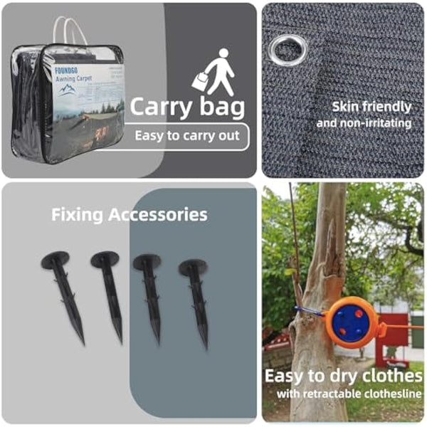 FoundGo Awning Carpet with Eyelets [280g/m² HDPE] Outdoor Camping Carpet Breathable Awning Flooring including Carrying Bag 8x pegs & Clothesline