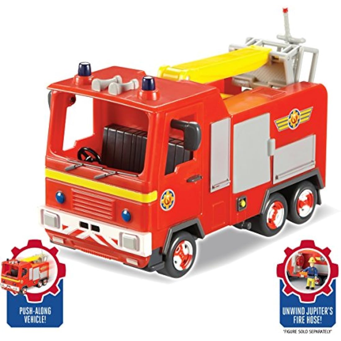Jfireman Sam Jupiter the Fire Engine. Open the door and unwind the hose ready for action. Raise the crane arm with rescue platform to save the day