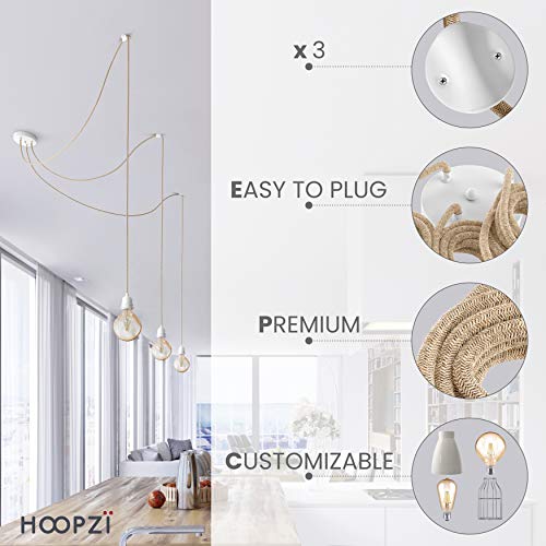 Hoopzi - Hang 3 - Pendant Light Fitting - 8.2 FT - Many Colours - E27 Socket - Fabric Electrical Cable - for Living Room, Bedroom, Kitchen - Cord and