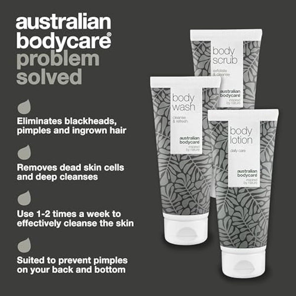 3 products for spots, acne and blackheads on the back and bottom from Australian Bodycare |Tea Tree Oil specially suited to prevent skin problems on your back and bottom