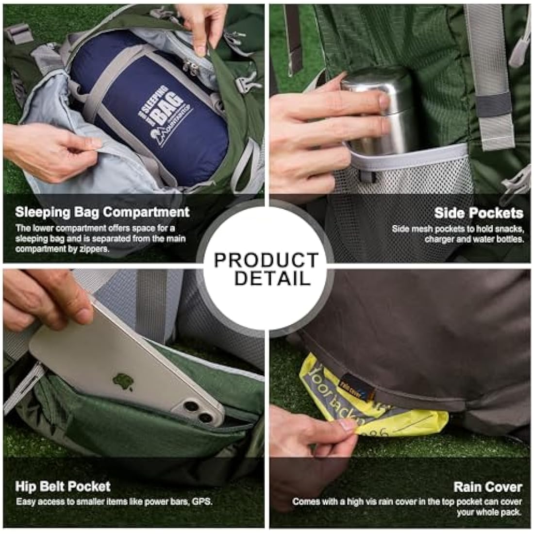 MOUNTAINTOP 70L Hiking Backpack water-resistant Internal Frame Backpacks Large Trekking Mountaineering Rucksack with Rain Cover for Men Women Cover Outdoor