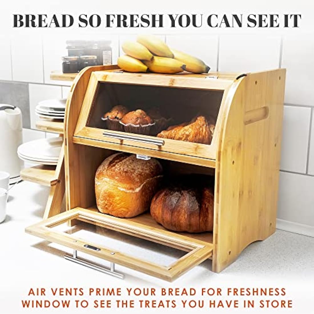 Arise Stylish Bread Bin for Kitchen Countertop, Extra Large 2-Shelf Wooden Bread Box with Clear Windows and Air Vents Keeps Bread, Bagels and Rolls Fresh. 40 x 26.4 x 36.5, Self Assembly