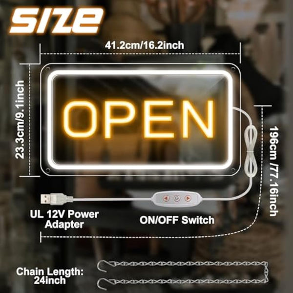 16"x 9" Adjustable Brightness Open Signs for Business, Ultra Bright Lighted Sign Open Powered by USB with ON/OFF, Electric Light up Sign for Stores, Restaurants, Retail Shops, Bar (Horizontal)