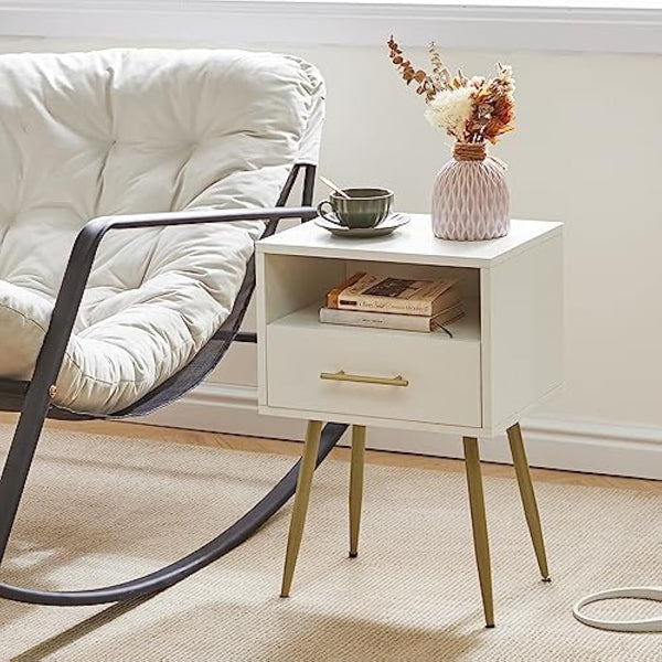 IBUYKE Nightstand, Mid-Century Modern Bedside Table with Legs, Minimalist and Practical End Side Table with 2 Tiers Storage Space, for Bedroom, Living Room, White WNS004W