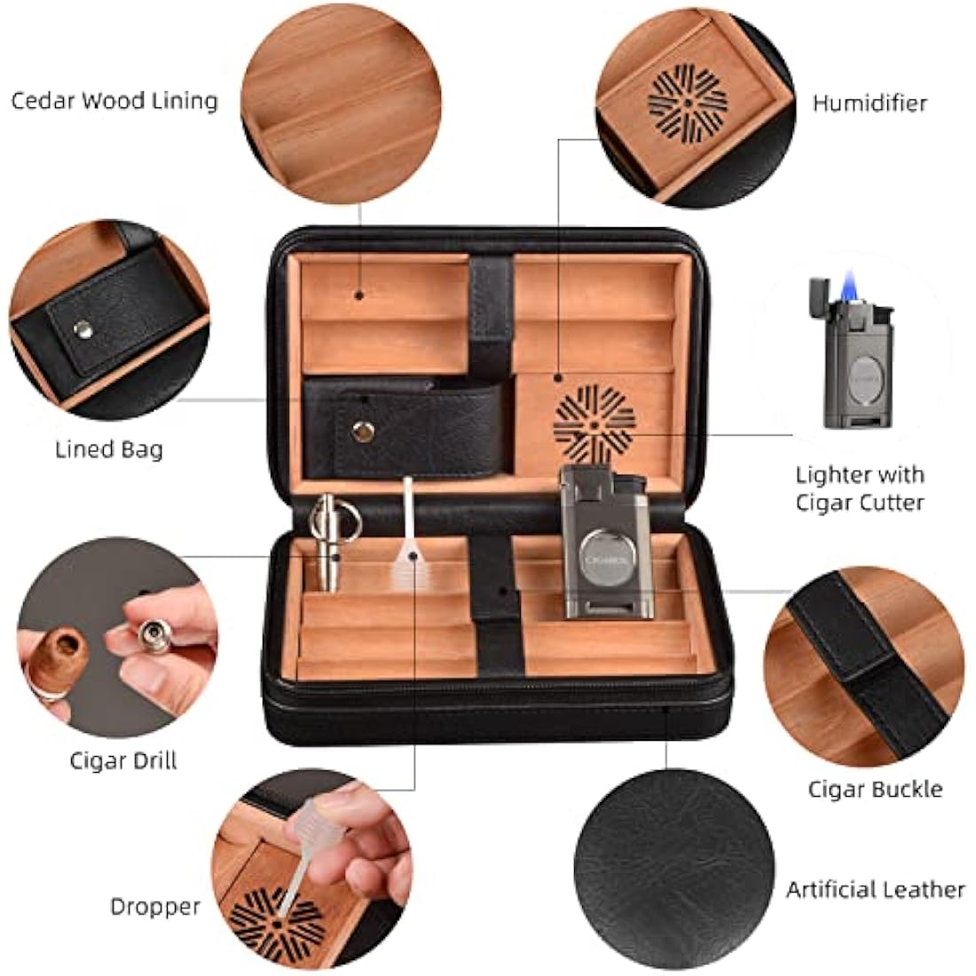 6-Finger Cigar Travel Humidor Cigar Case with Triple Flame Cigar Lighter, Leather Cigar Box with Round Humidifier, Cigar Punch and Dropper, Cedar Wood Humidor Cigar Box Gift Box Storage Box（Black）