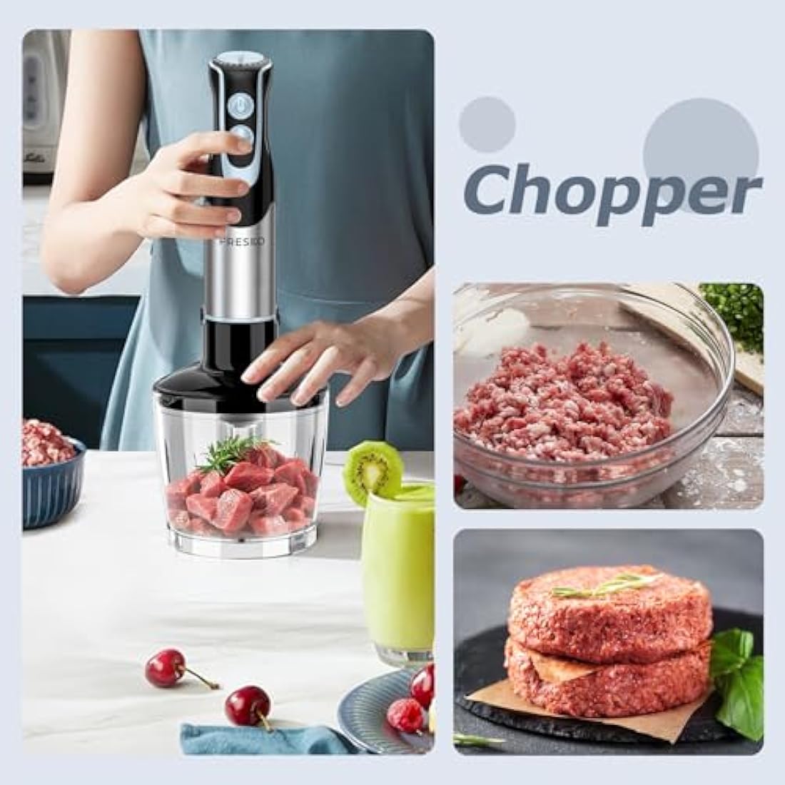 FRESKO Hand Blender 4-in-1, 1000W Electric Stick Blender Stainless Steel with 12-Speeds & Turbo Mode, Baby Food Immersion Blender Handheld with Whisk，700ml Measuring Cup & 500ml Chopper