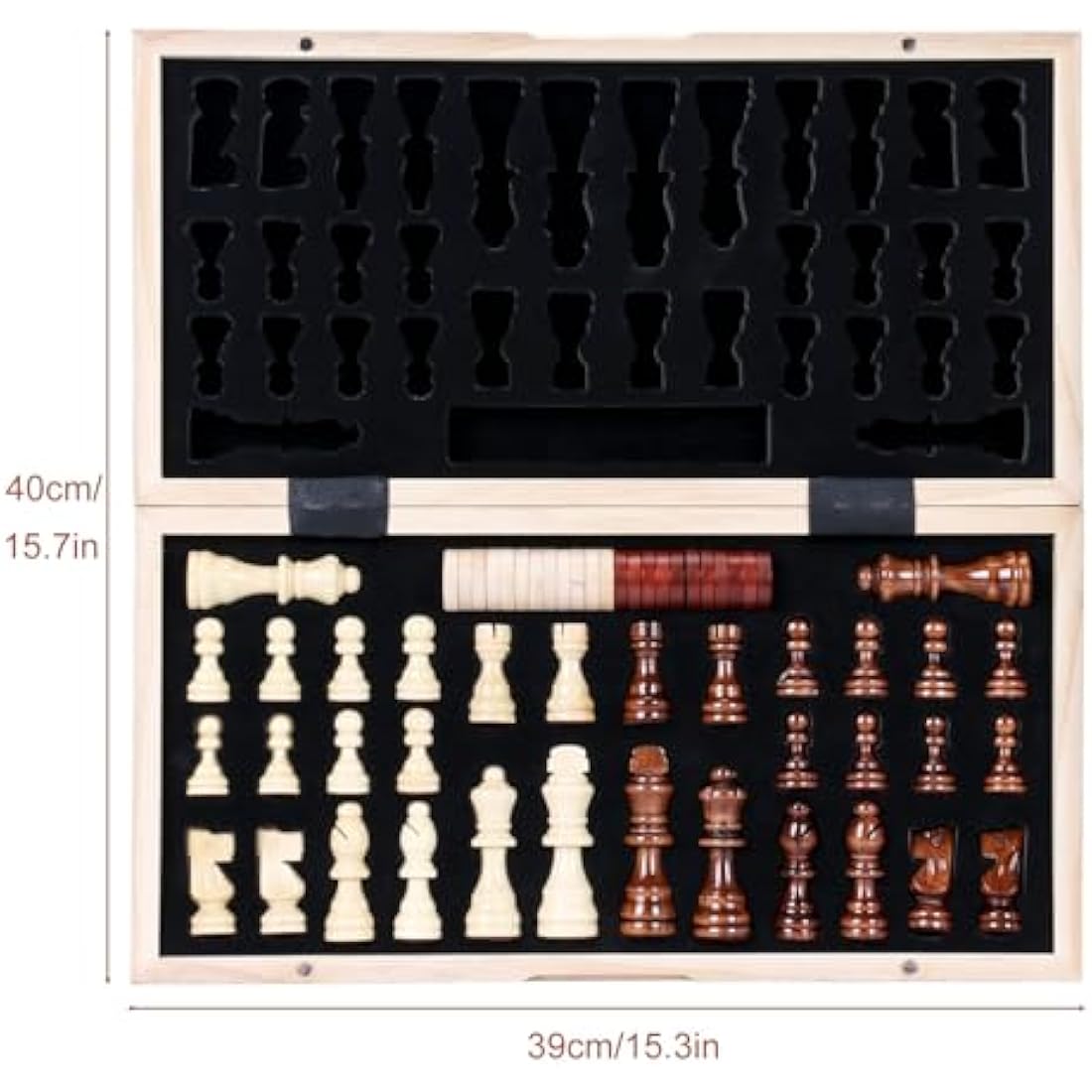 Syrace Magnetic Chess & Checkers Set Board Games, Wooden Foldable Hand Carved Portable Travel Chess Board Game Sets with Game Pieces & Storage Slots 15.74"