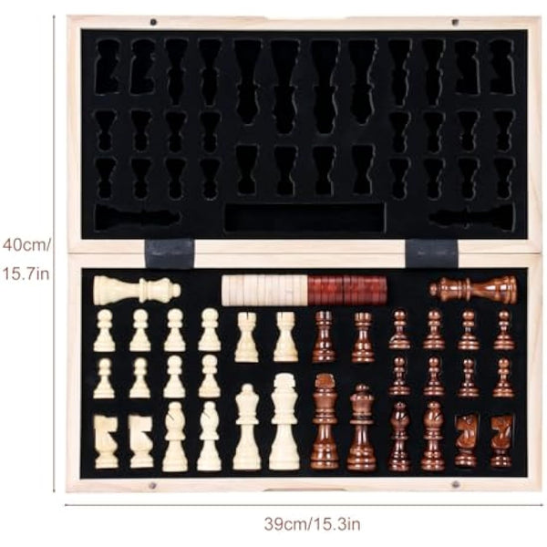 Syrace Magnetic Chess & Checkers Set Board Games, Wooden Foldable Hand Carved Portable Travel Chess Board Game Sets with Game Pieces & Storage Slots 15.74"