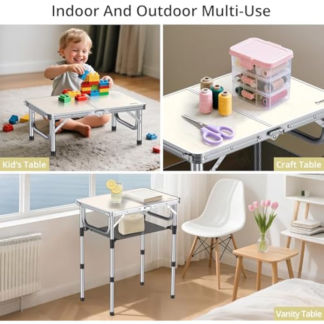 Anbte Folding Camping Table with Storage Net, 3 Adjustable Heights Aluminum Small Folding Table, Waterproof Lightweight Foldable Stored for Outdoor Indoor Picnic Beach Backyard, 60cm x 40cm, Silver