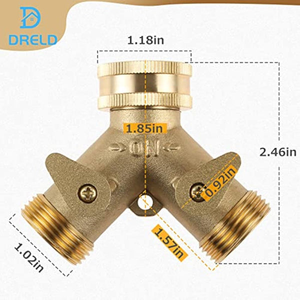 DRELD 3/4" Tap Y Splitter, Brass Tap Manifold 2 Way Garden Hose Connector Adapter with Valves and Rubbers for Outdoor, Garden, Courtyard, Lawn, Kitchen, Bathroom Standard Faucet (3/4 Y Tap)