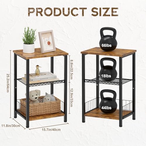 iDavosic.ly 3-Tier Side Table Set of 2, Industrial End Table Nightstand Small Table, Retro Bedside Table Cabinet Organizer for Living Room, Bedroom,