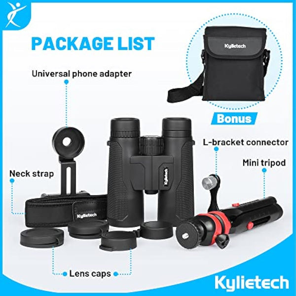 Binoculars for Adults, Kylietech 12x42 Binoculars with Tripod, Waterproof Bird Watching Binocular with BaK-4 Prisms, FMC Lens, Phone Adapter for Photography, Stargazing