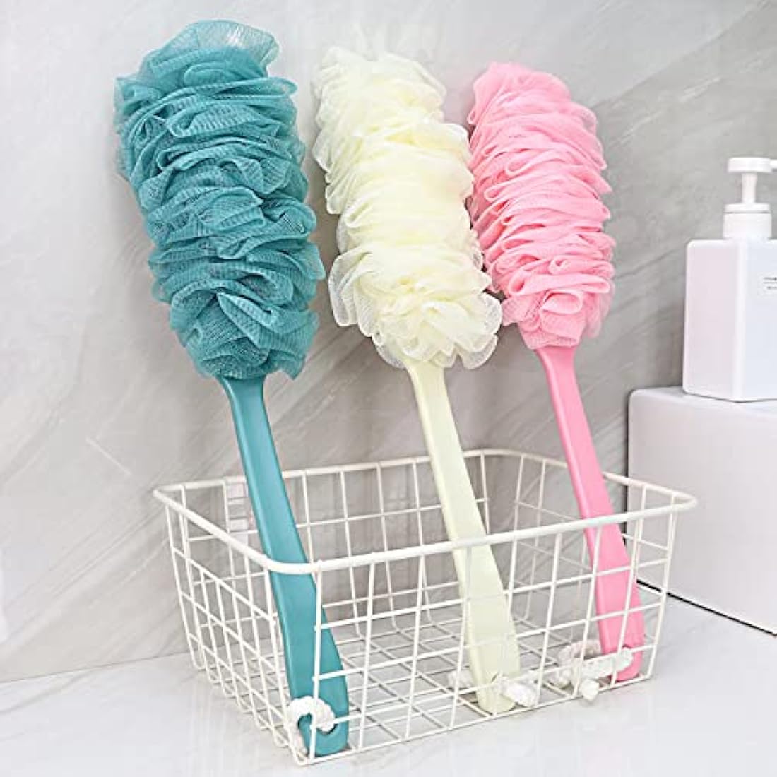 2 Pack Loofah Bath Brush with Long Handle Bath Shower Back Scrubber Body Brush for Men and Women Pink and Blue