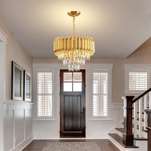 Gold Modern Crystal Chandeliers 3-Tier K9 Round Crystal Light Fixture Small Gold Chandeliers Ceiling Light Fixture for Dining Room Living Room Bedroom Entryway E14*5Light