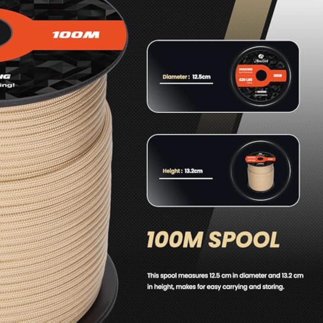 Abma Cord Paracord 4mm 100m 100% Nylon Rope 9 Strands Type III Parachute Cord for DIY, Camping, Survival, Outdoor - Max. 280kg - Khaki