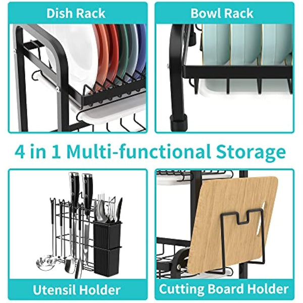 niffgaff 2 Tier Black Dish Drainer Rack, Stainless Steel Drying Rack Kitchen, Drainers Draining Board with Drip Tray, Rust Proof Large Washing Up Sink