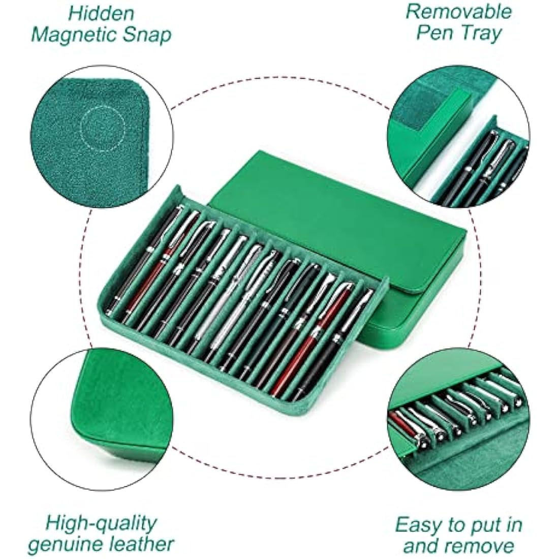 Hiram Leather Pen Case for 12 Pens Vegetable Tanned Leather Fountain Pen Storage Box with Hidden Magnetic Snap Closure and Pen Tray Design (Green)