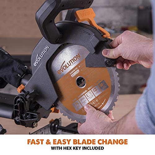 Evolution Power Tools R210SMS+ Sliding Mitre Saw With Multi-Material Cutting, Cuts Wood, Metal, Plastic & More, 45° Bevel, 50° Mitre, 230mm Slide, 1500 W (230 V)