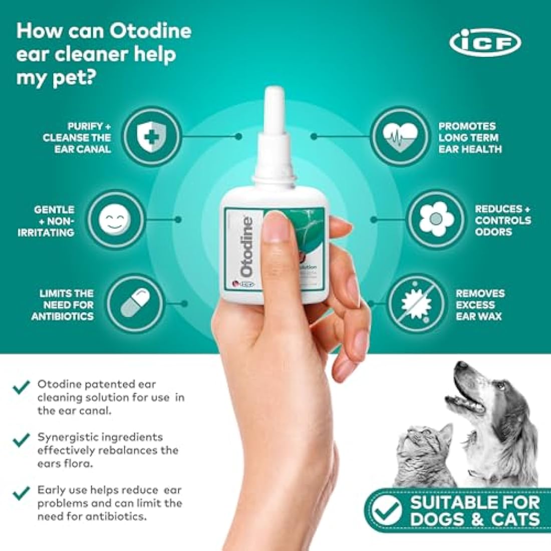 ICF Otodine | Cat & Dog Ear Cleaner Solution | Dog Ear Drops to Stop Wax Build Up, Head Shaking, Discomfort, Ear Odour & Scratching | 100ml
