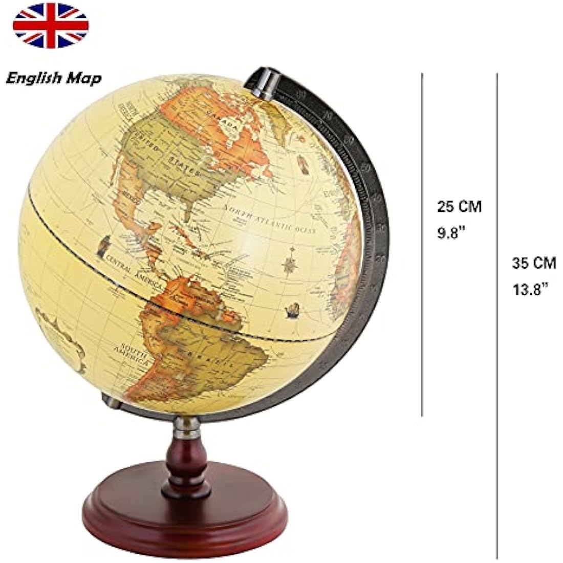 EXERZ 25cm Antique Globe With A Wood Base - World Globe Rotating Vintage Decorative - Diametre 25cm