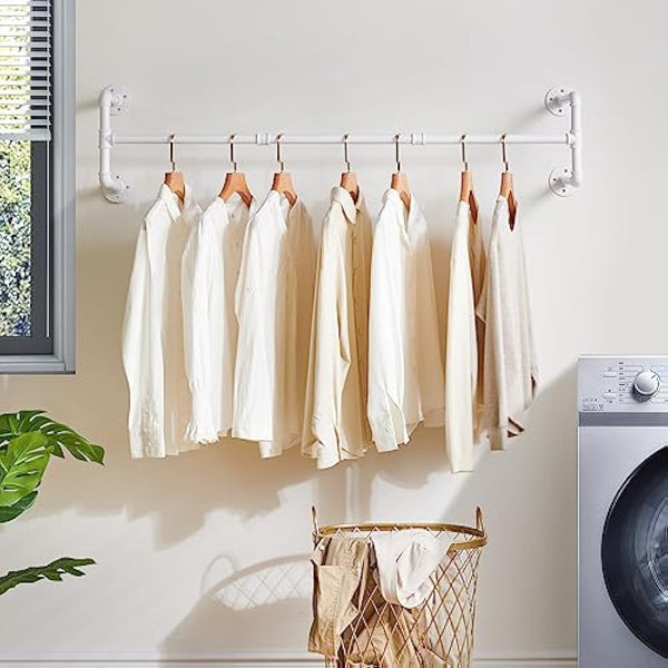 IBUYKE 50" Wall Mounted Coat Rack Industrial Design Wall Mount Removable Clothes Rack Space Saving Rack Load up to 60kg Four Bases White TYJ002W-2