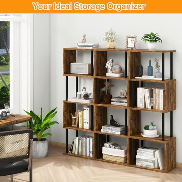 IBUYKE 5/6-Tier Tall Bookshelf,S-Shaped Geometric Bookcase, Wood Display Shelves With Storage,Industrial Bookshelf for Living Room Bedroom, Home Office, Rustic Brown WBC015H