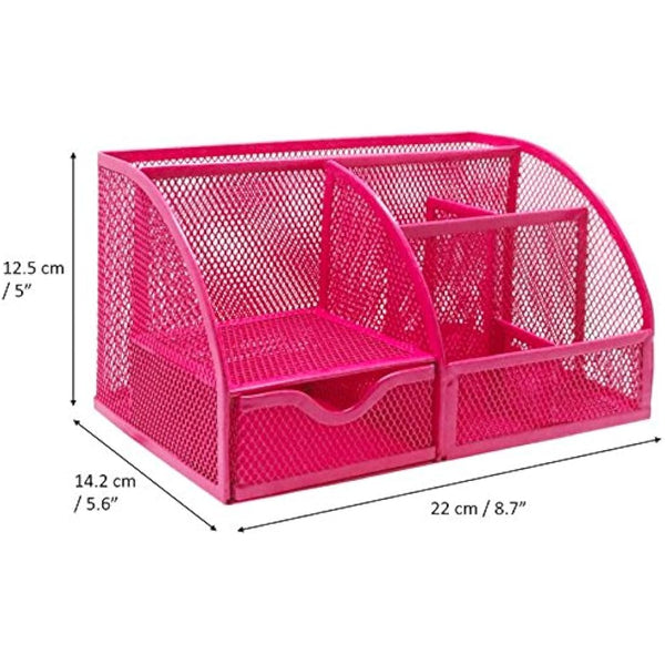 EXERZ Desk Organiser/Mesh Desk Tidy Caddy/Pencil Holder Multifunctional with 7 Compartments - Pink