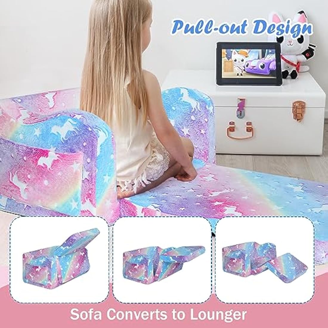 MeMoreCool Folding Kids Sofa Bed, Toddler Sofa Chair, Soft Plush Fold Out Kids Couch Glow in The Dark, Comfy Baby Recliner for Girls & Boys, Glowing Unicorn