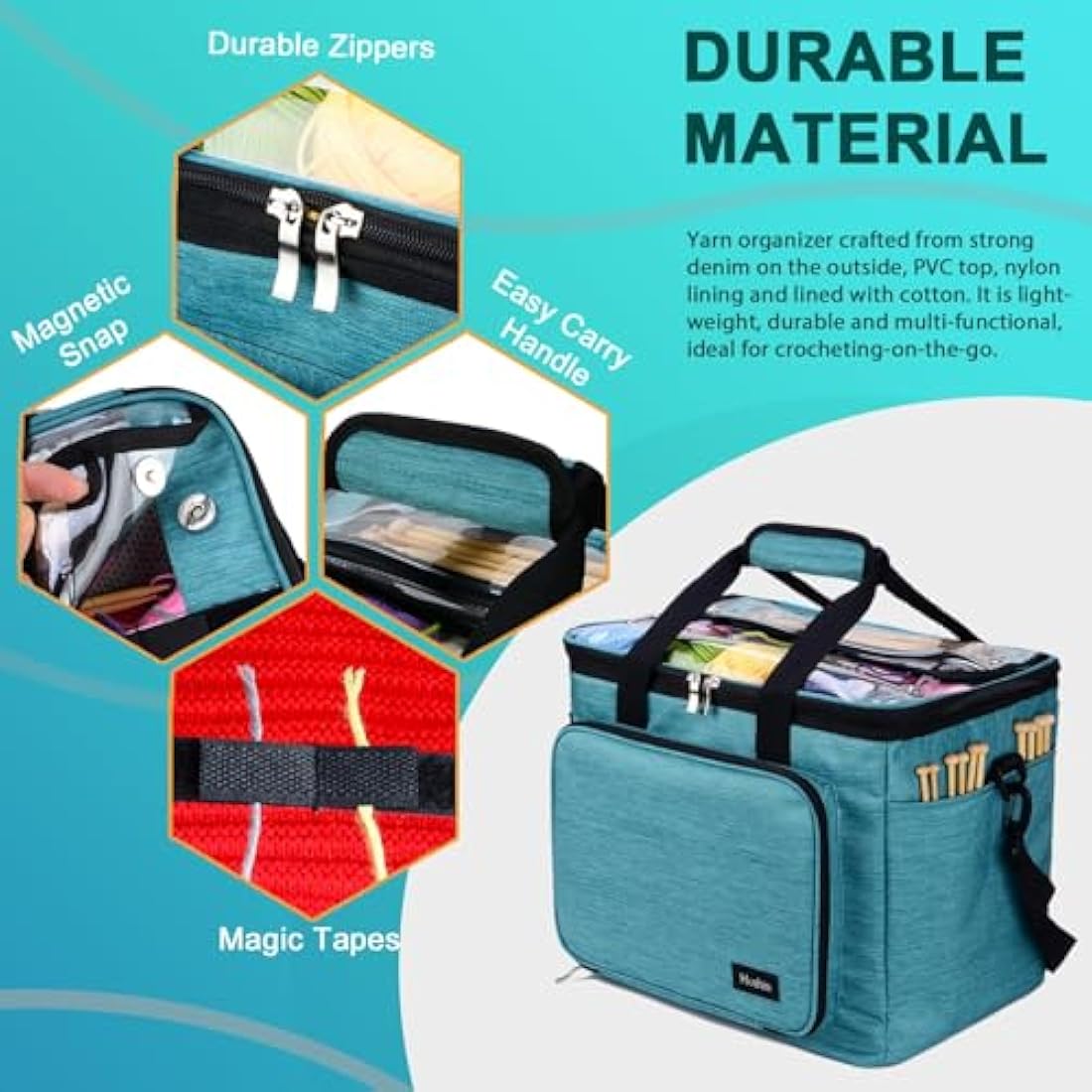 Hoshin Knitting Bag for Yarn Storage, Portable Crochet Tote Bag Yarn Organizer for Crochet Patterns and Hooks, Needles, Skeins of Yarn-Enjoy Knitting/Crocheting Anywhere(Green)