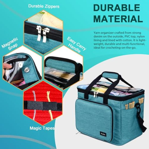 Hoshin Knitting Bag for Yarn Storage, Portable Crochet Tote Bag Yarn Organizer for Crochet Patterns and Hooks, Needles, Skeins of Yarn-Enjoy Knitting/Crocheting Anywhere(Green)