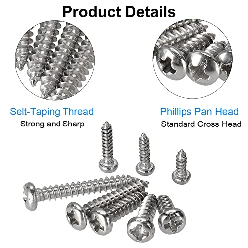 FandWay 595Pcs Self Tapping Screws 304 Stainless Steel,M2 M3 M4 Small Wood Screws Assortment,Pan Head Self Drilling Screw,Round Head Sheet Metal Screw Phillips Drive for DIY Wood Repairs.
