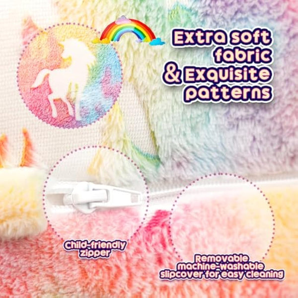 BEJOY Kids Sofa Bed 2-in-1 Flip Out Cuddly Flannel Toddler Couch Convertible Sofa to Lounger Children Sofa Bed Children's Day and Birthday Gift for Girls Boys, Candy Floss with Unicorns