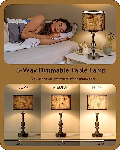 EDISHINE Bedside Lamps Set of 2, 3 Way Dimmable Touch Lamp with USB Charging, Table Lamps for Living Room, Bedroom, Black Linen Shade (LED Bulbs Included)