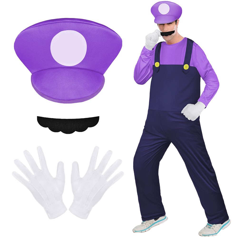 Aomig Mario Costumes, 4 Pack Mario Cosplay Costume Accessories Kits with Bodysuit, Luigi Hats Cap, Mustaches, White Gloves, Mario Luigi Bros Fancy Dress Outfit Costume for Women Men