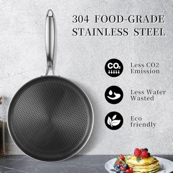 Innerwell Stainless Steel Crepe Pan 28 cm, Nonstick Stainless Steel Honeycomb Coating Pancake Pan, Non Stick Flat Skillet Tawa Dosa Tortilla Griddle Pan, Induction Compatible, PFOA Free