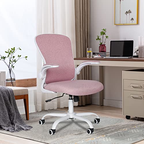 Fullwatt Pink Modern Office Gaming Relaxing Ergonomic Mesh Back Flip-up Armrest Task Chair with Lumbar Support, Mesh Seat, Nylon Wheels, 60cm Seat
