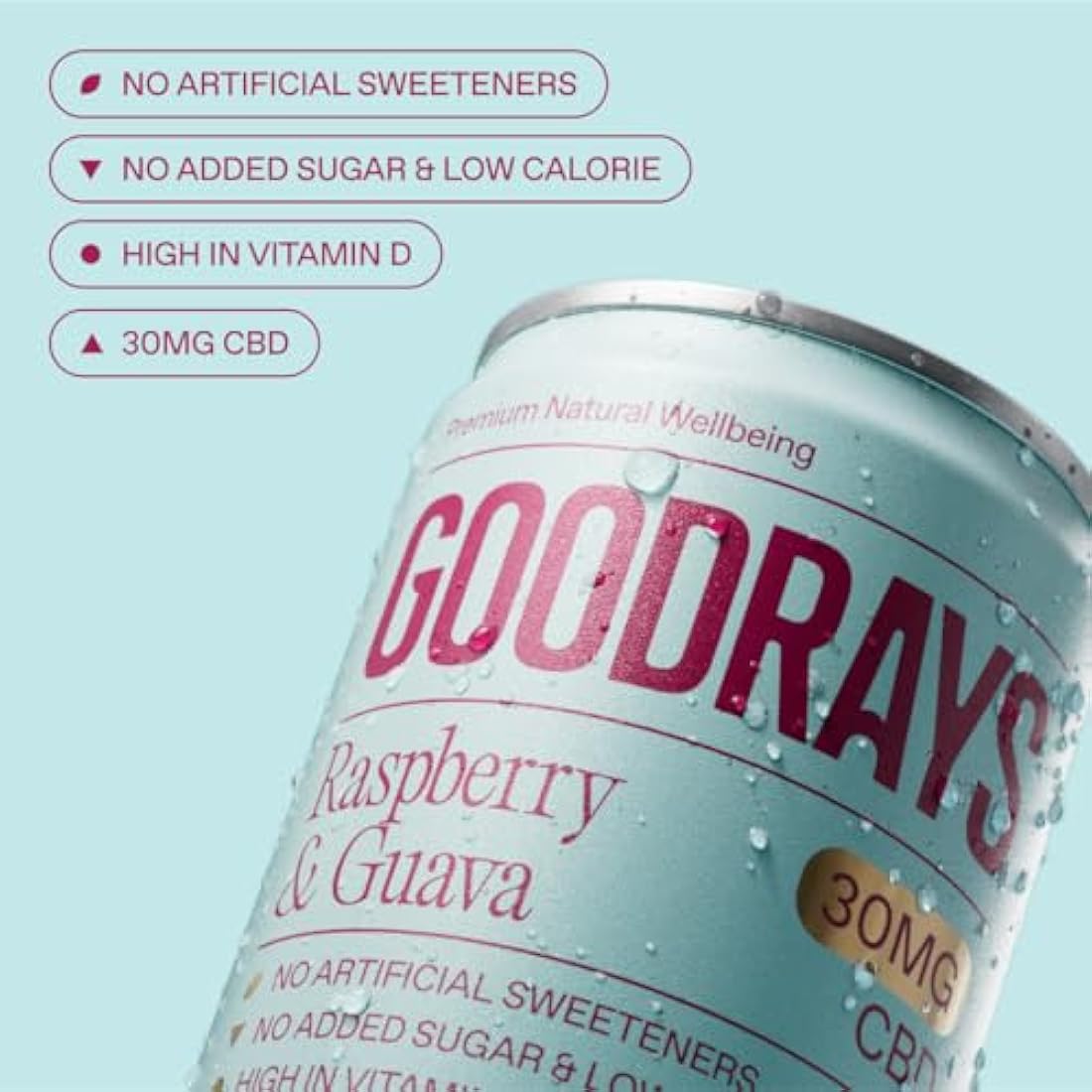 Goodrays - 30mg CBD Drink - 24 x 250ml Cans - Raspberry & Guava - Natural Flavours, Low Calorie, Vegan - High Strength (30mg/can), All Natural - Reduce Stress & Unwind, Packaging May Vary