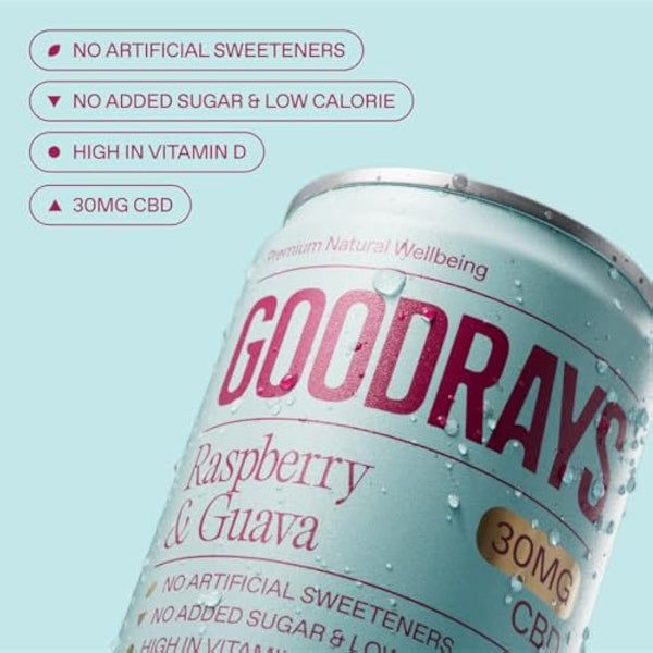 Goodrays - 30mg CBD Drink - 24 x 250ml Cans - Raspberry & Guava - Natural Flavours, Low Calorie, Vegan - High Strength (30mg/can), All Natural - Reduce Stress & Unwind, Packaging May Vary