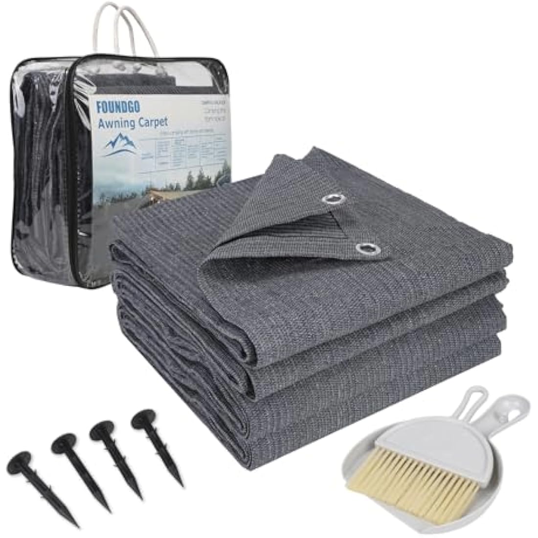 FoundGo Awning Carpet with Eyelets, 280g/m² HDPE Camping Carpet，Outdoor Awning Floor with Carrying Bag，Ground Nails and Small Broom