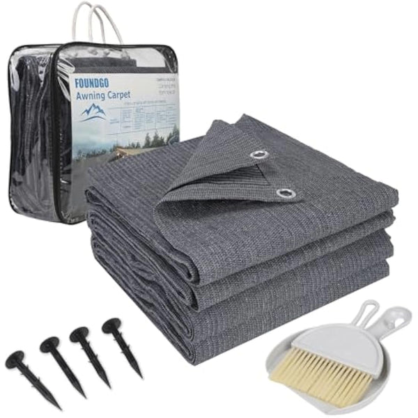FoundGo Awning Carpet with Eyelets, 280g/m² HDPE Camping Carpet，Outdoor Awning Floor with Carrying Bag，Ground Nails and Small Broom