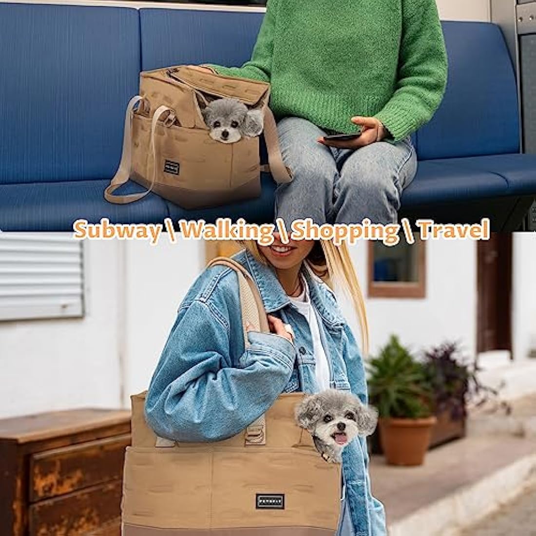 Petsfit Dog Carrier Bag Warm,Dog Tote Bag Pet Carrier with Pockets, Cat carrier Pouch -Adjustable Safety Leash, Poop Dispenser, Waterproof TPU Bottom,Khaki