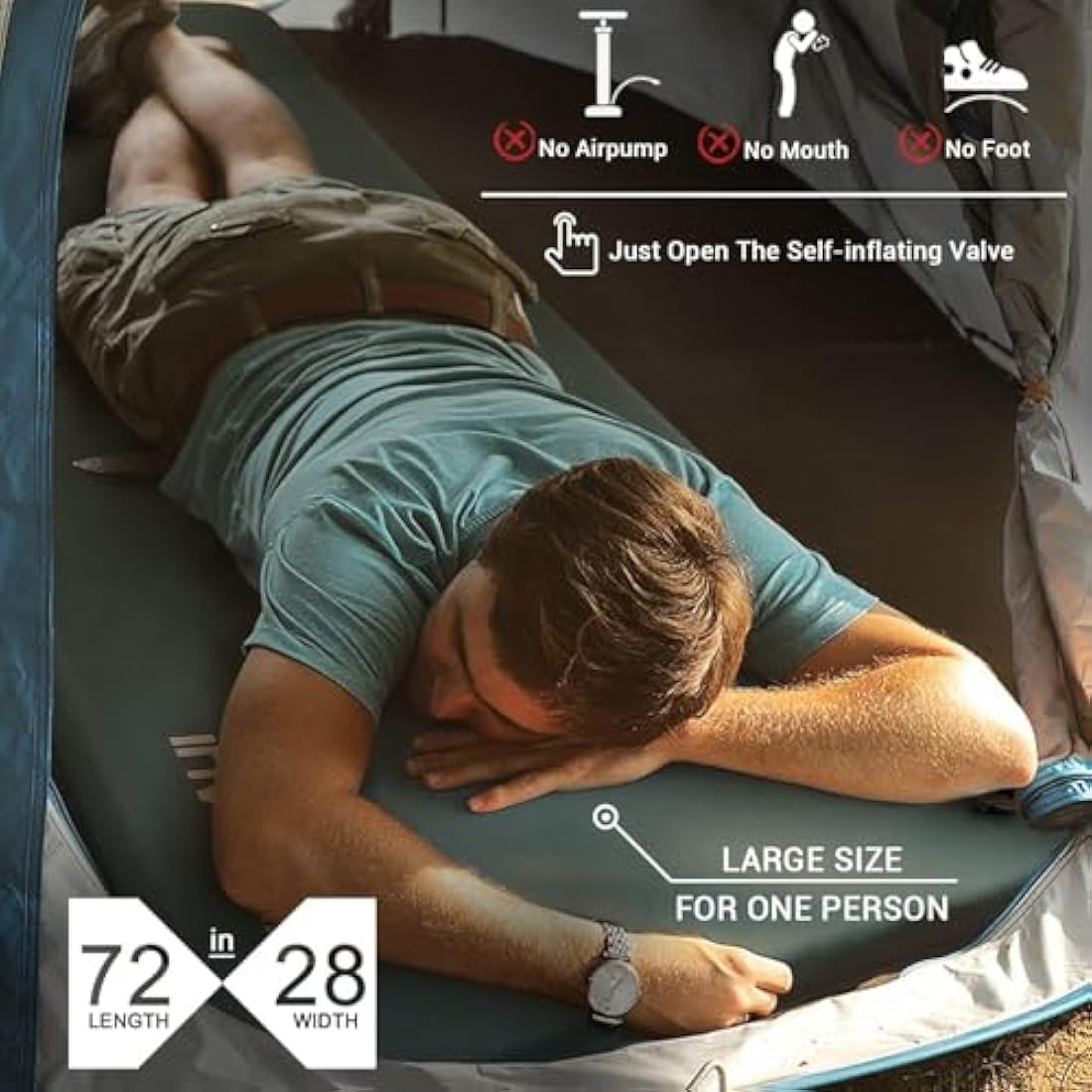 INVOKER Self Inflating Memory Foam Camping Sleeping Mat - Pad with Built in Pillow, Green, 196x70x8cm, 2kg, Waterproof, 150kg Weight Capacity, Rapid Inflation, Plush, Camper