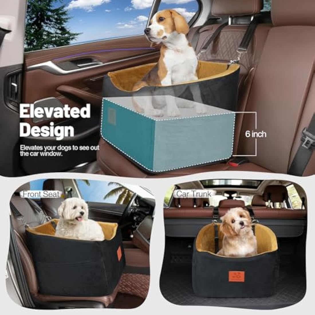 Dog Car Seat for Small Medium Dogs, Memory Foam Booster Car Seat for Dogs up to 35 lbs, Elevated Pet Car Seat, Travel Bed with Washable Removable Cover and Storage Pockets (Black/Coffee)